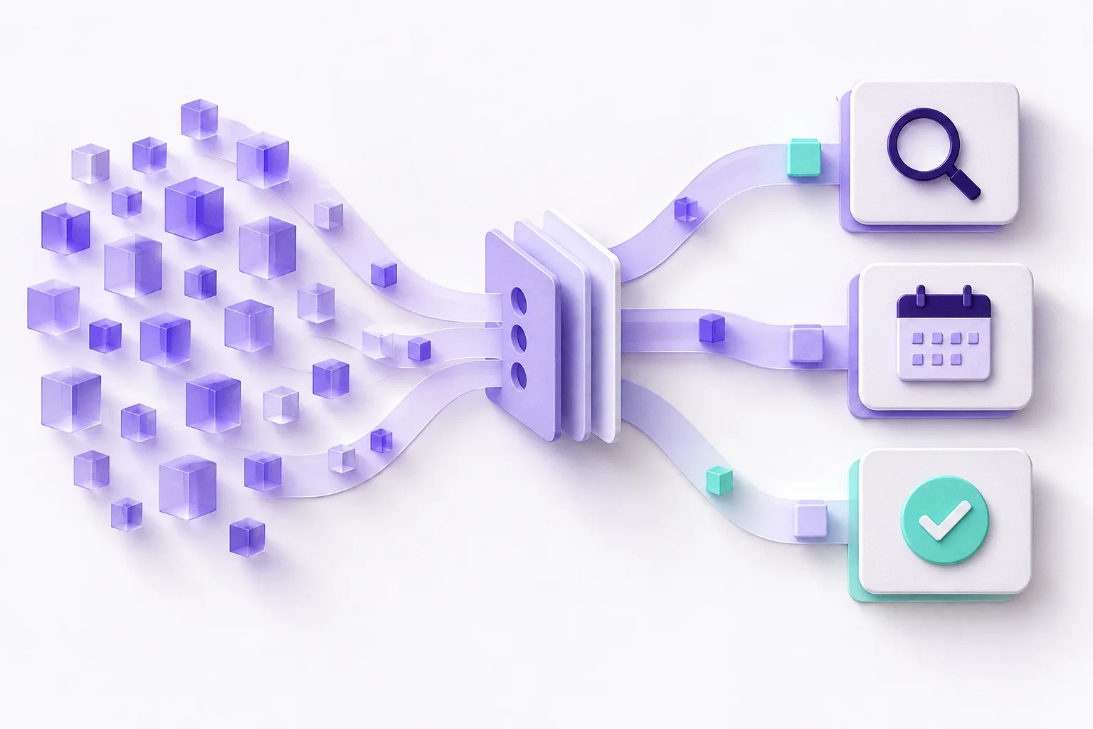 Small API blocks are organized into three clear tools represented by search, calendar, and confirmation symbols.