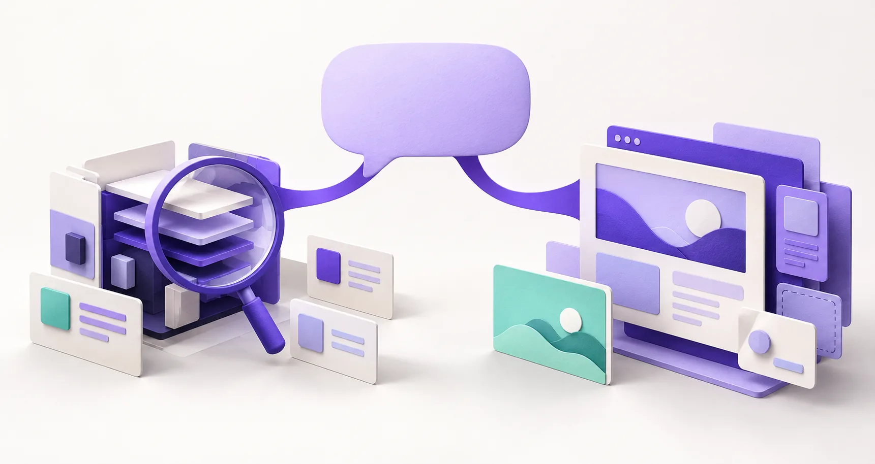 A paper speech bubble branches toward software examined with a magnifying glass and a website assembled from layered panels