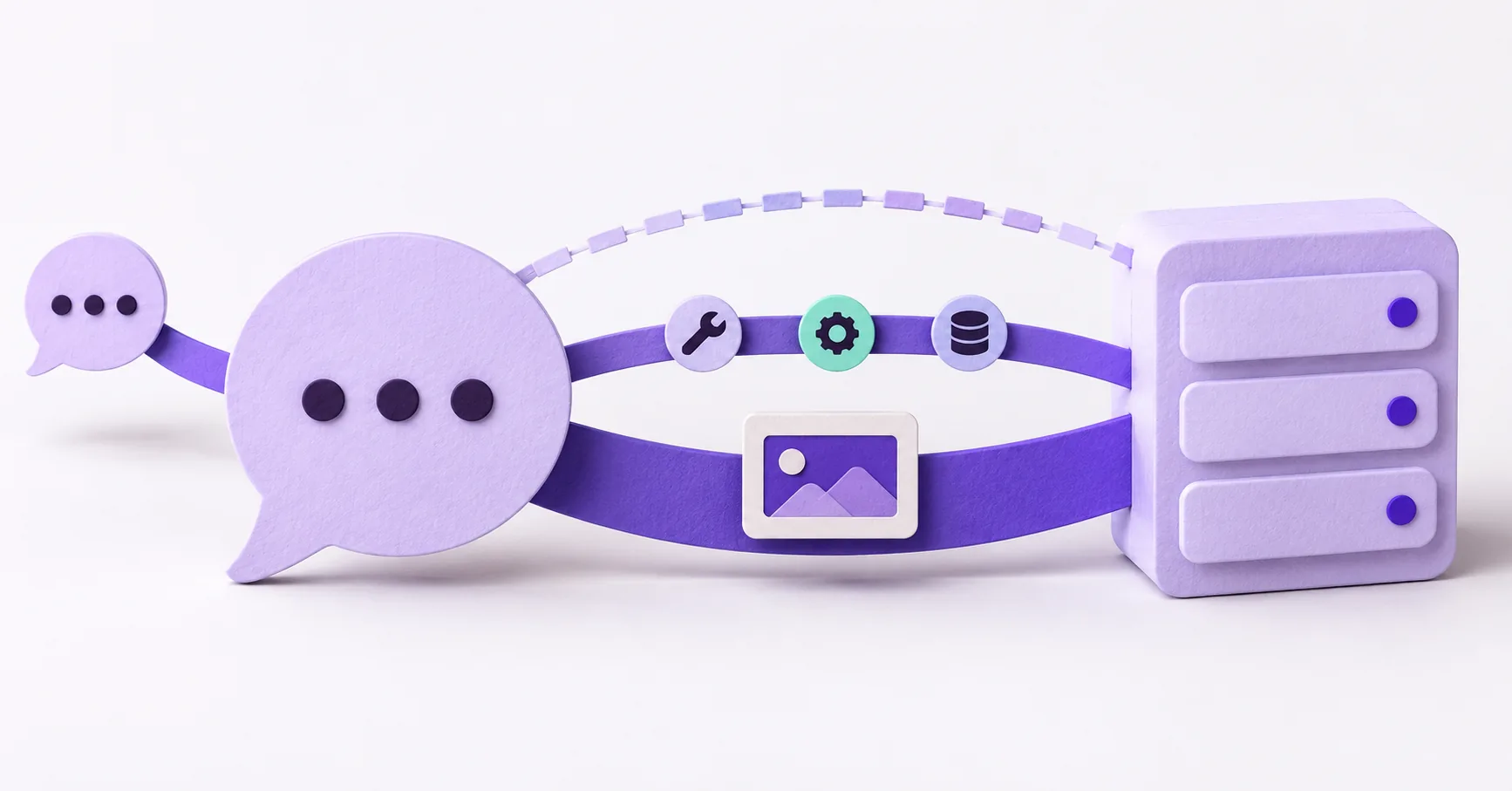 A lilac speech bubble connects to an API block through three different paper bridges of increasing solidity, with the middle violet bridge also reaching a second speech bubble.