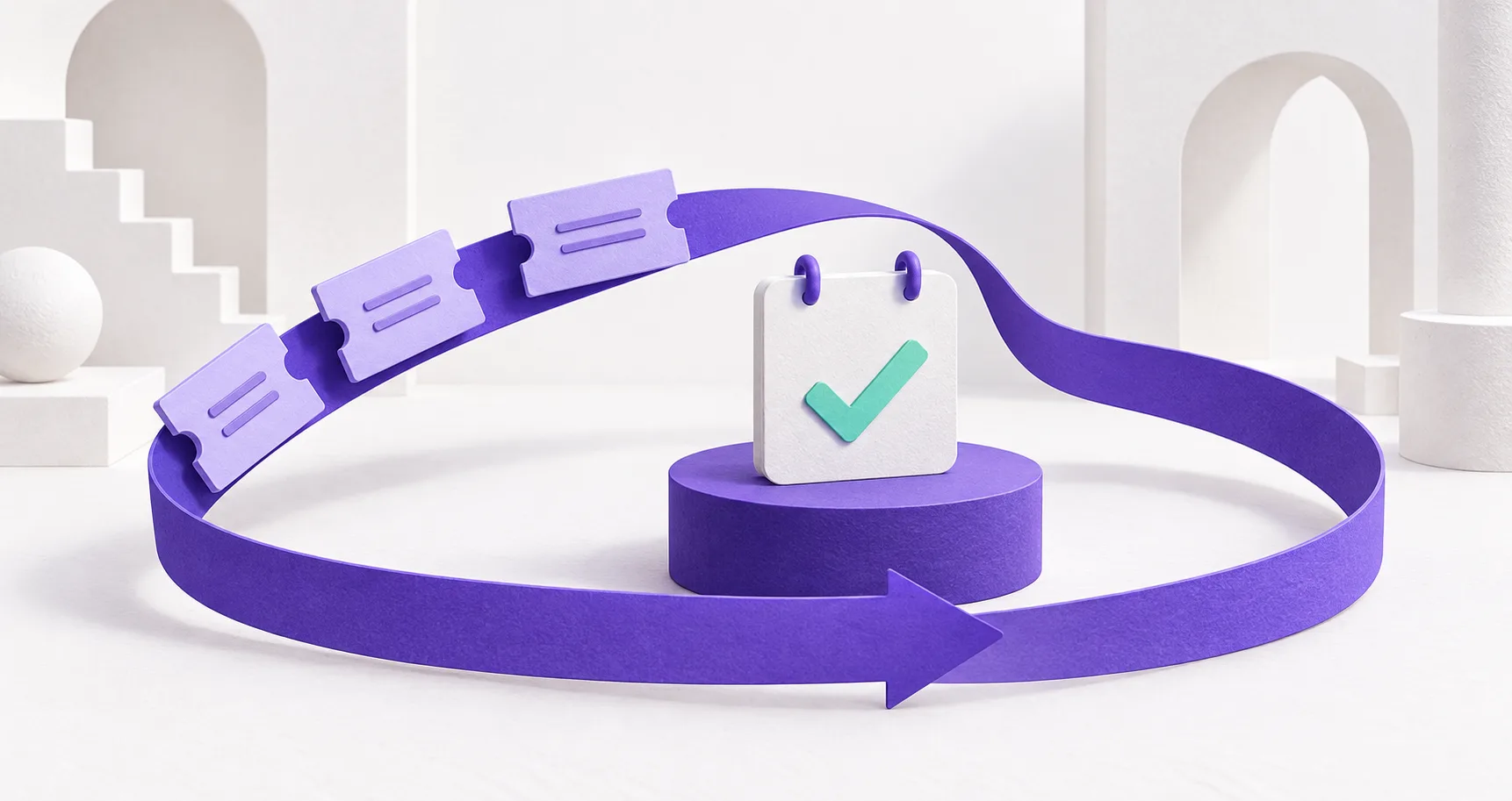 Three request tickets follow a looping violet ribbon around one confirmed calendar booking on a pedestal.