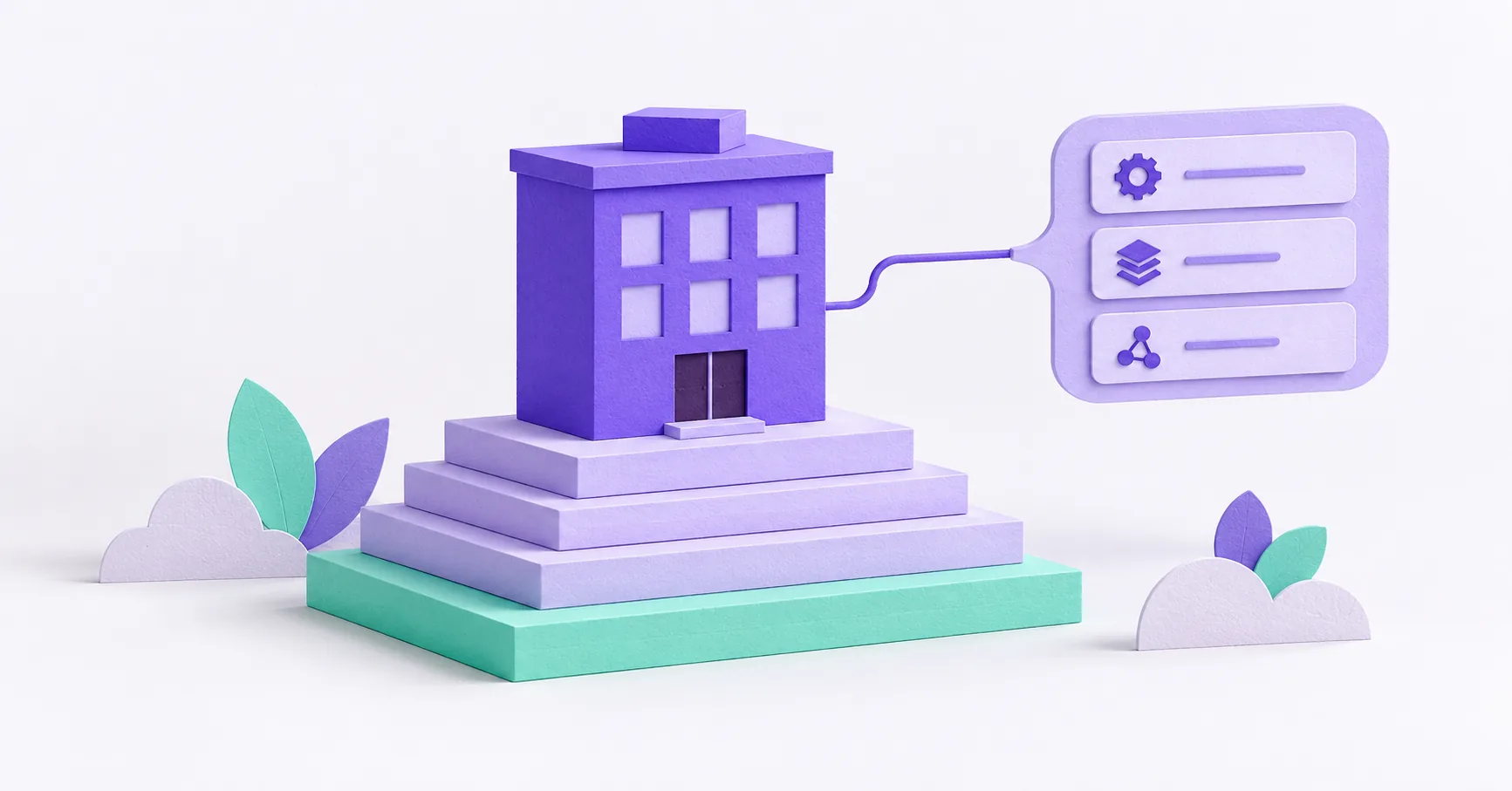 A violet service building sits on a small set of stacked paper price tiles of different heights, with a single mint tile marking the base and a slim path leading to a speech bubble.