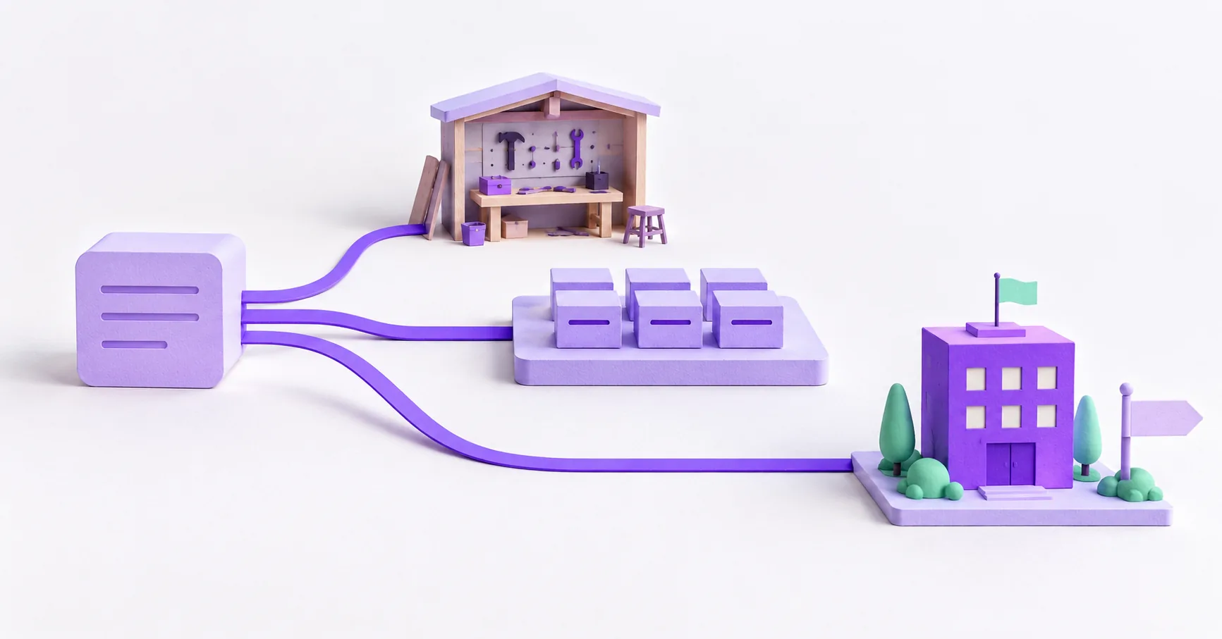 Three paper paths lead from one API block to three different hosting structures: a workshop, a shared platform, and a managed violet building with a small subdomain flag.