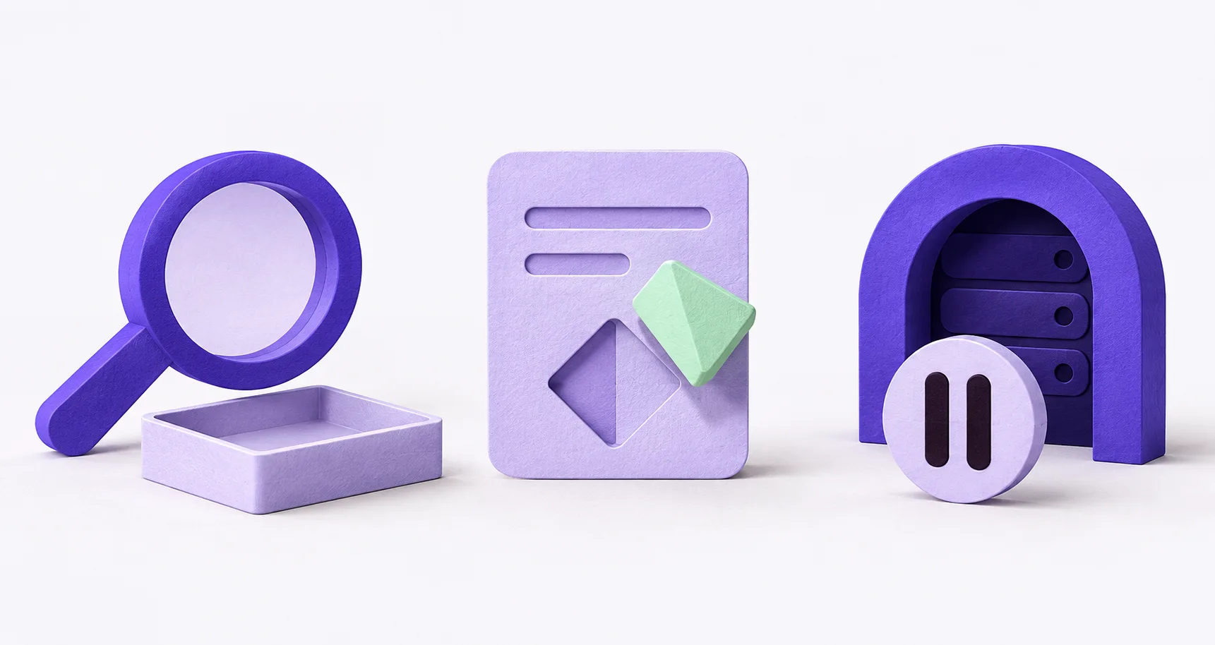 Three paper sculptures show an empty search tray, a document with a piece to correct, and a paused service.