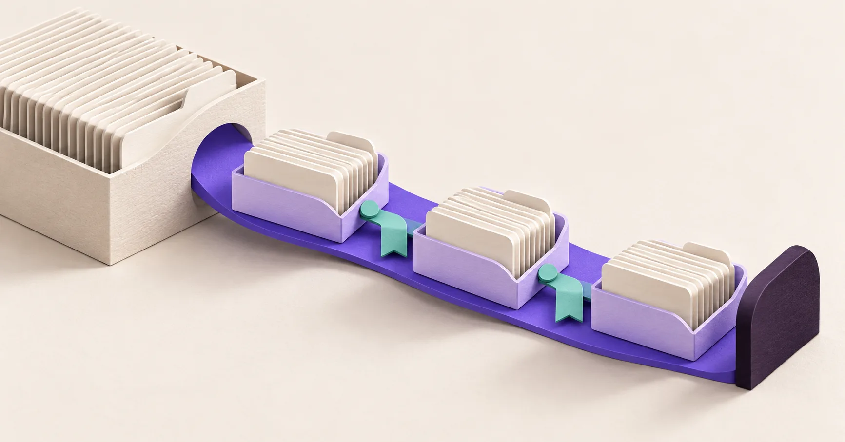 An archive feeds three trays of record cards along a violet track, with mint continuation bookmarks and a solid end stop.