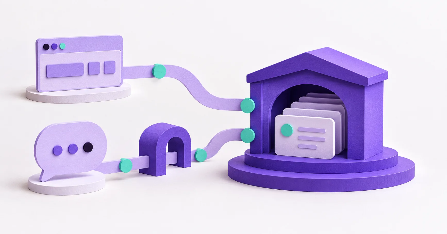 An application window and a speech bubble follow separate paths to one service building, with an adapter arch on the conversational path.