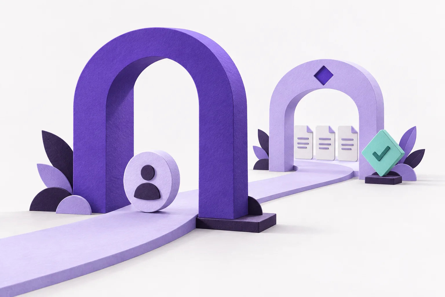 An identity badge passes through a violet gateway toward a second gateway, where a separate permission tile guards document cards.
