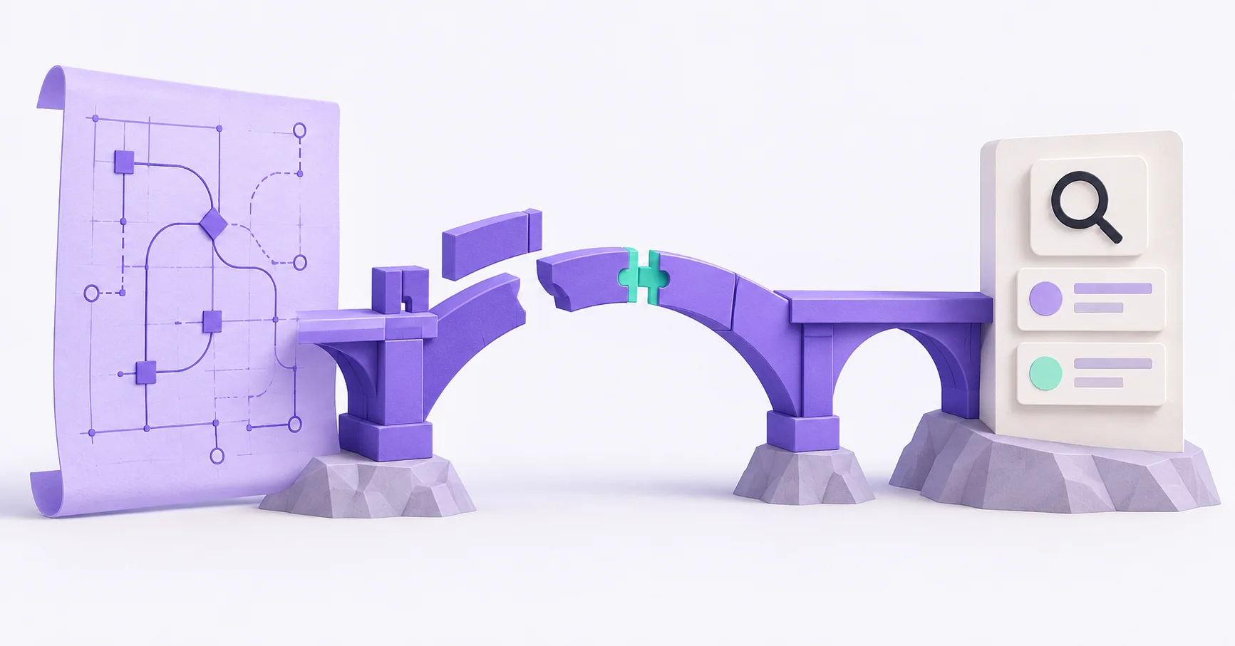 A lilac API blueprint connects through an assembled violet bridge to a search interface, with a mint joint marking the deliberate fit.