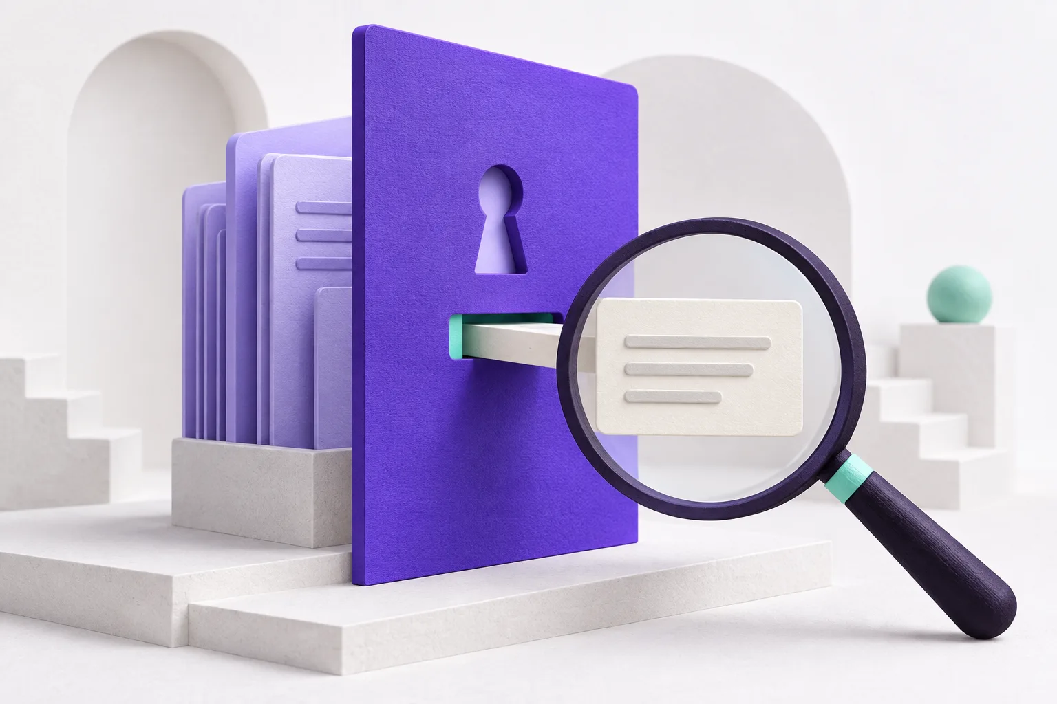 A violet privacy screen protects document cards while a single summary card passes through a narrow slot toward a magnifying glass.