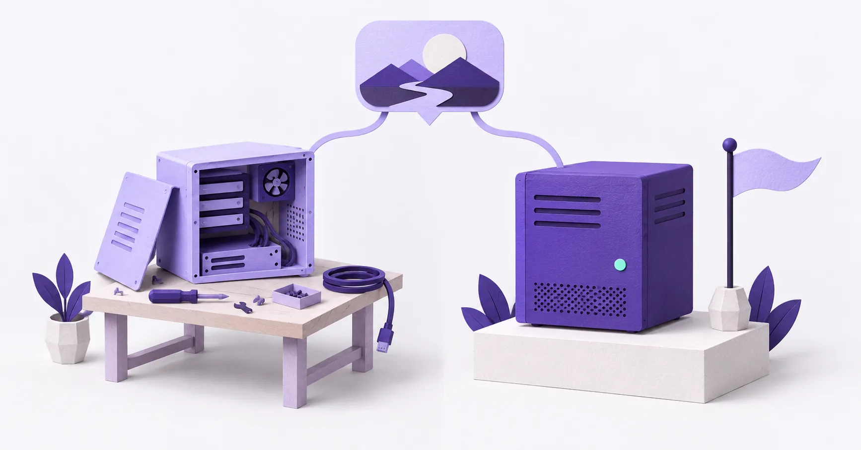 Two paper scenes side by side: on the left a workbench with scattered tool pieces and an open server frame, on the right a closed violet server housing on a stand with a small mint indicator and a blank lilac flag.