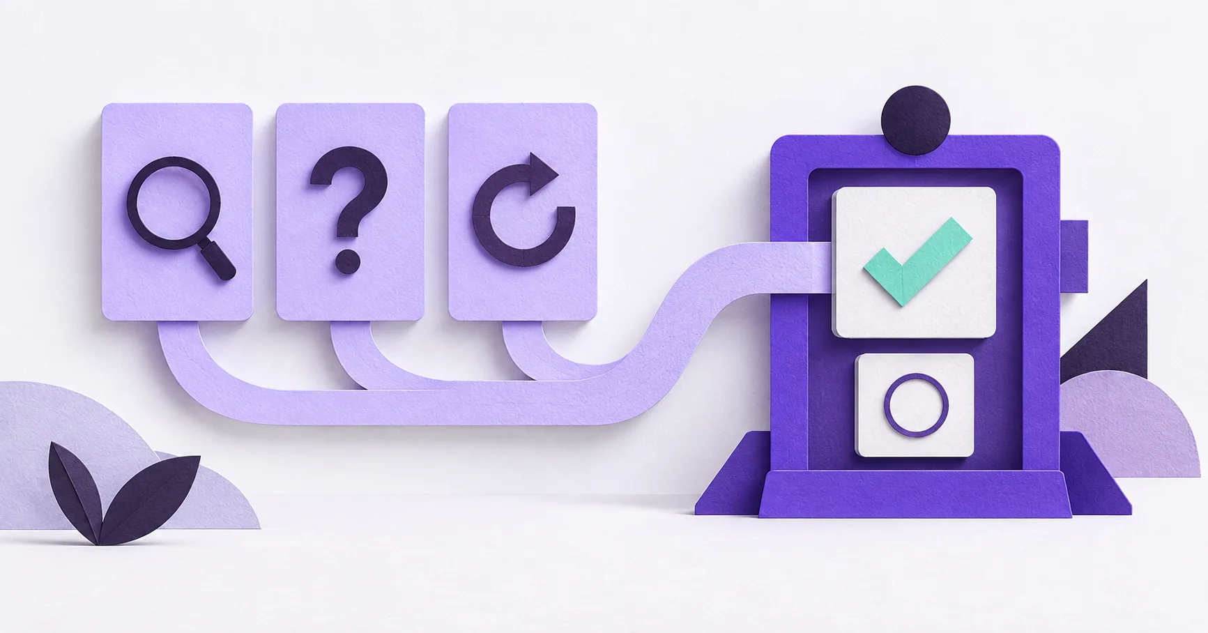 Search, clarification, and retry scenario cards feed an inspection frame containing a checked result and a result awaiting review.