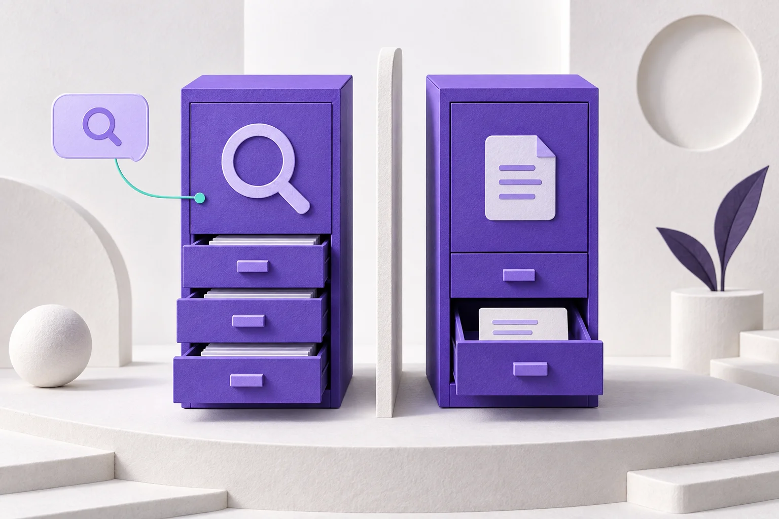 A speech bubble follows a mint guide toward a search cabinet, separated from a cabinet for retrieving a single record.